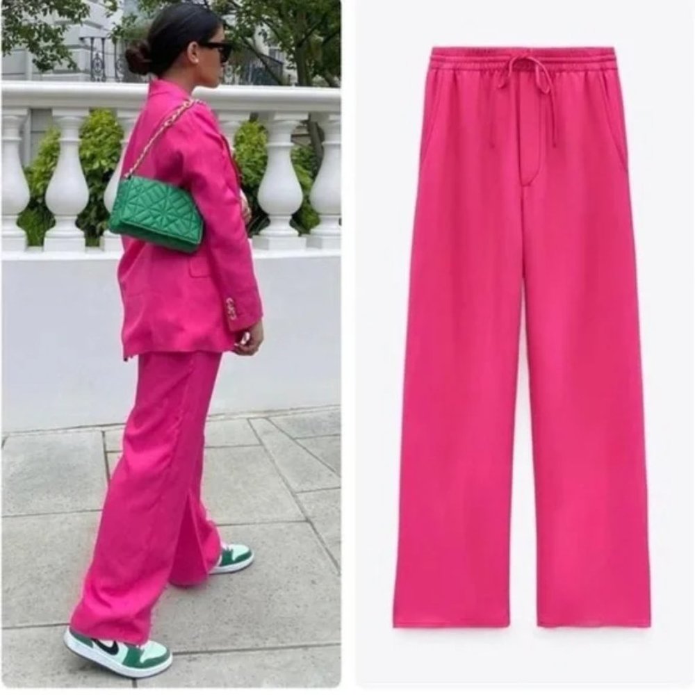 Zara Flowy Loose Pink Pants Trousers Barbie Pink Large